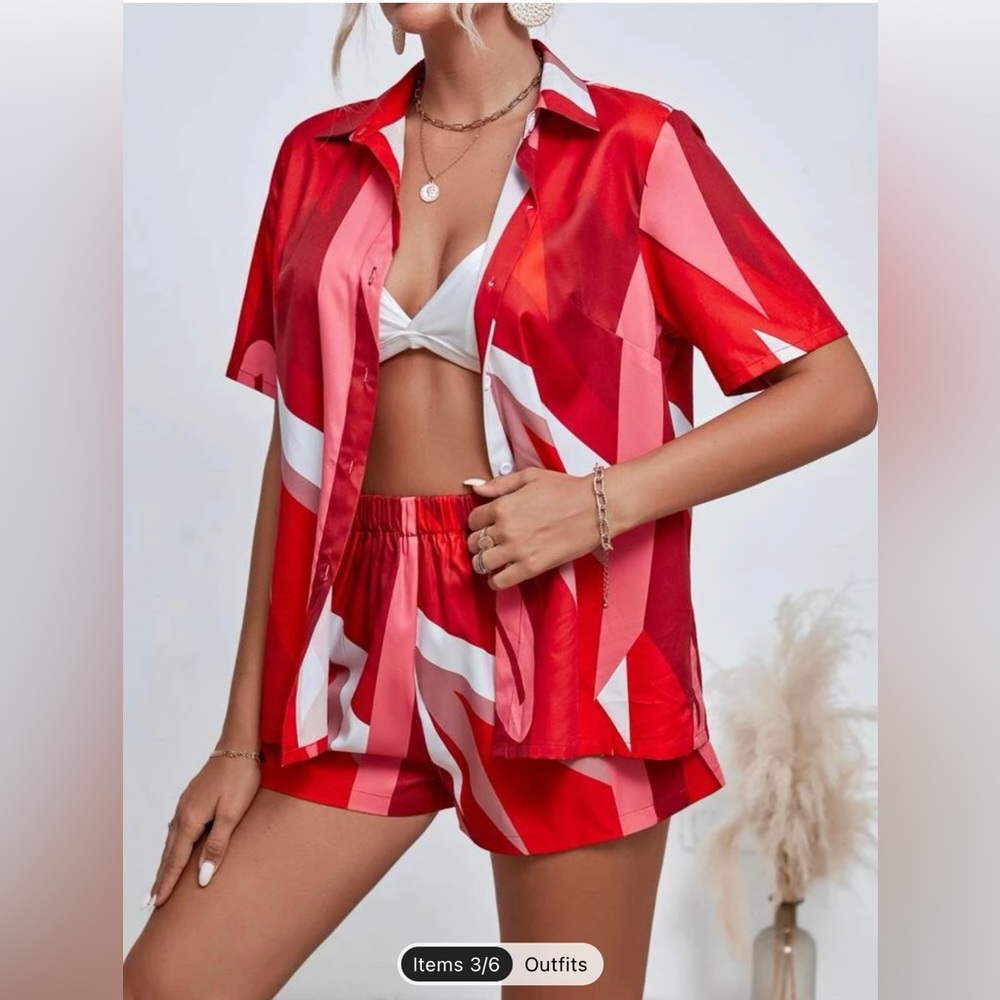 Super Cute Two Piece Red Patterned Set - image 1